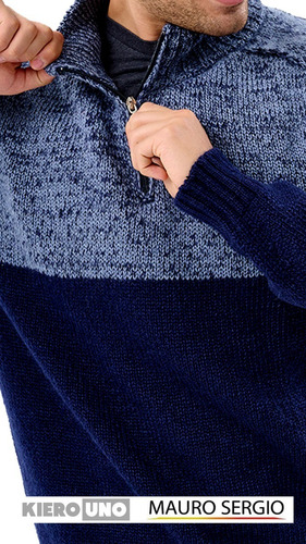 Sweater Hombre Pullover Lana Bicolor Cuello Con Cierre