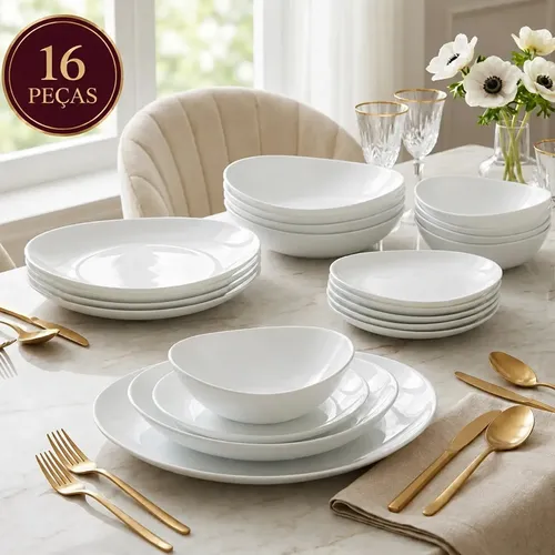 Aparelho Jogo Kit De Jantar 16 Peças Opalino Branco Pratos E Bowl Mesa Moderno Côncavo  Resistente Sólar