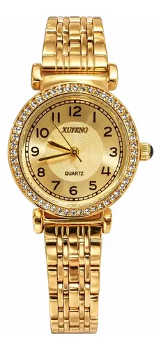 Relogio Xufeng Feminino Cravejado Dourado Caixa Brinde