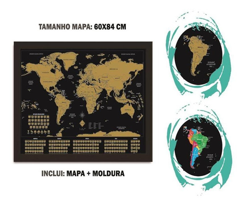 Mapa Mundi Raspadinha C/ Bandeiras 60x84 Com Moldura Cor Mundi Dourado Cor Da Armação Preto