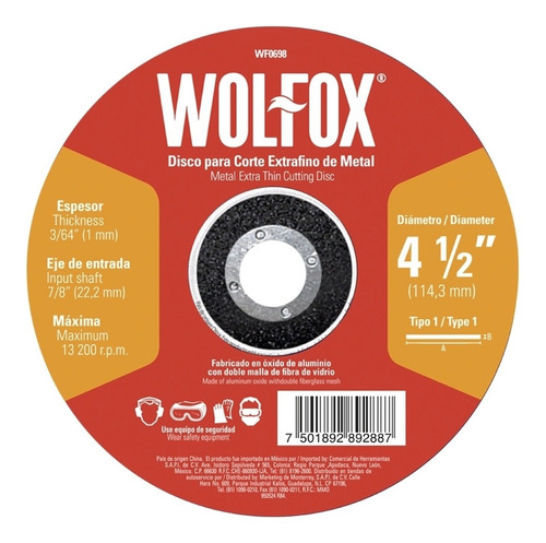 Disco Corte De Metal 4 1/2  1.6mm Fino Wolfox Wf0700