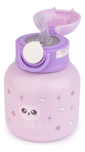 Squeeze Infantil Com Trava De Segurança + Canudo De Silicone Cor Violeta Gatinho