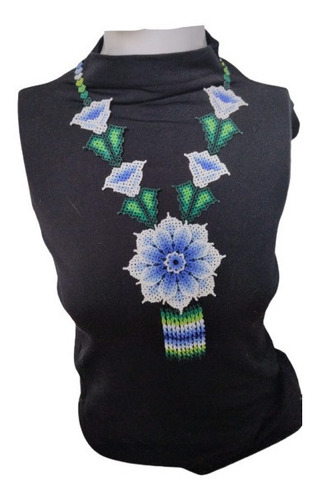 Collar Chaquira Arte Huichol Flor En Capas Grande Azul/verde