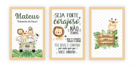 Kit Quadros Infantil Safari Bichinhos Personalizado Nome 