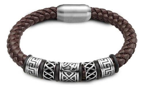 Pulseira Executiva Couro Marrom Runas Maori Viking Fecho Imã