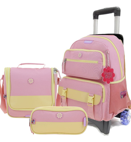 Kit Mochila Lonchera Lapicera Con Ruedas Kawai Chensohg70301 Rosa Claro Kawai