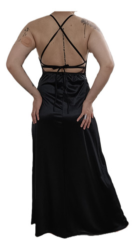 Vestido Negro Simil Raso De Fiesta Con Tajo 2 Seleccion