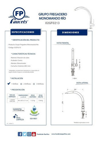 Griferia Grupo Fregadero Monomando Río Fundición Pacífico