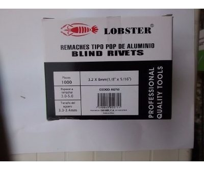 Remache Tipo Pop Aluminio Lobster 1/8x5/16 1000 Und