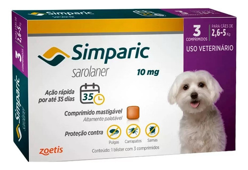 Simparic Antipulgas E Carrapatos Cães 2,6 A 5kg 3 Compr.