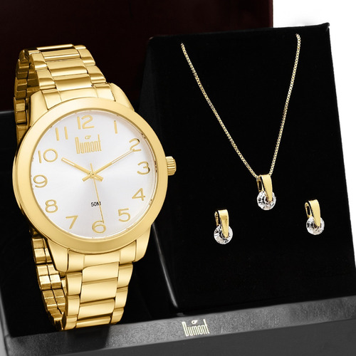 Imagem 1 de 9 de Kit Relógio Feminino Dourado Com Semi Joia Banhada A Ouro 18