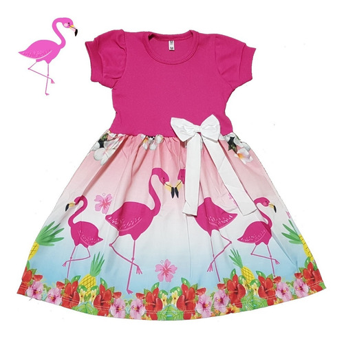 Vestido Infantil Flamingo Manga Curta Temático Fab2