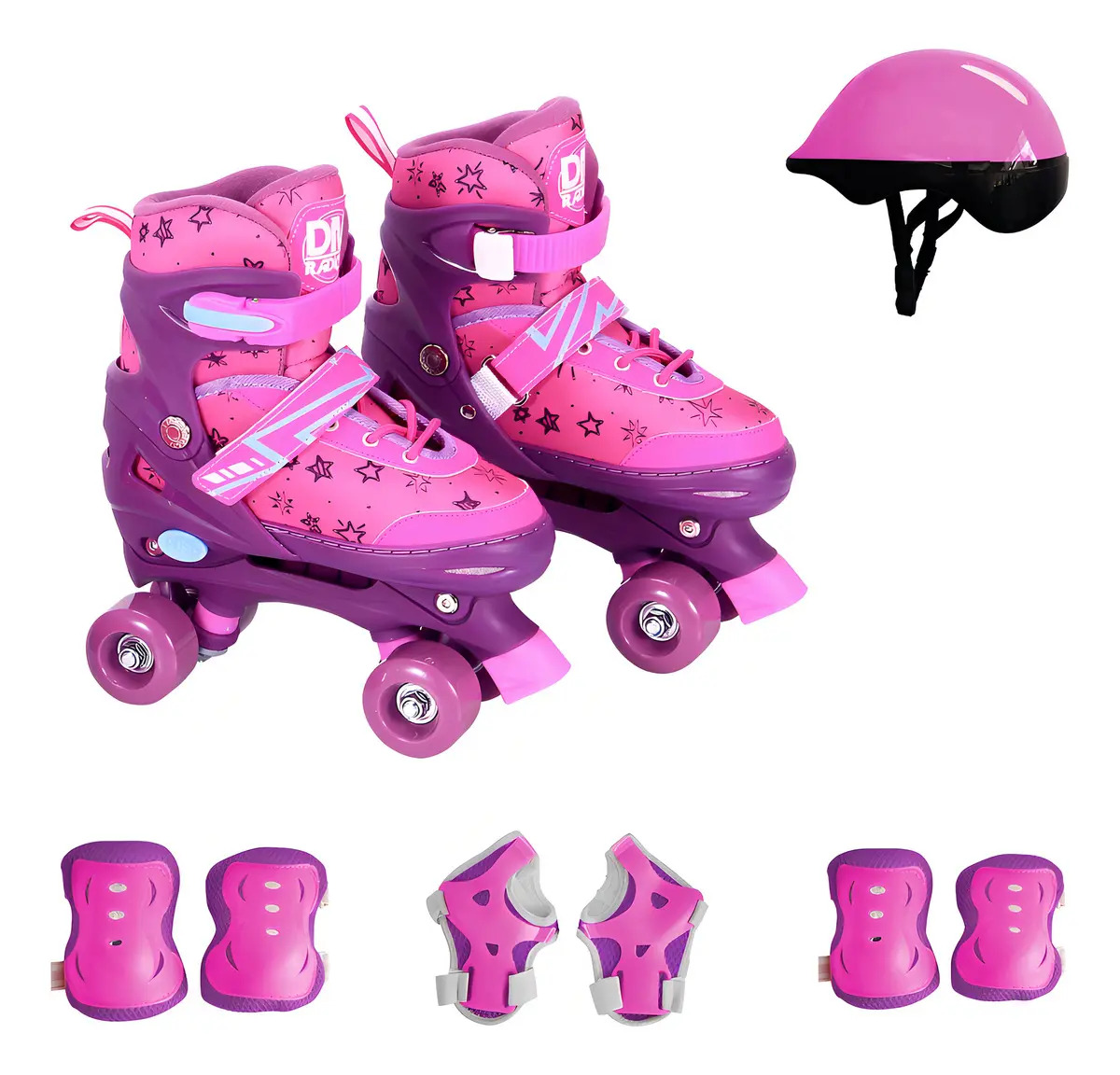 Patins Rosa Roller 4 Rodas com Botão de Ajuste do 34 até 37 com Kit de Proteção Completo DM Toys