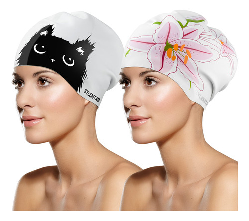 Sylemtam Gorro Natacion Silicona Para Mujer Lindo Gato +