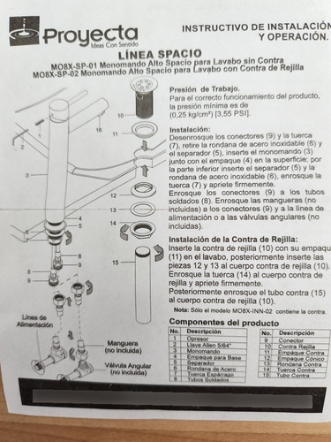 Monomando Alto Para Lavabo Marca Proyecta Linea Spacio (Usado)