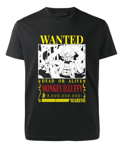 Remera Negra One Piece - Monkey D Luffy - Gear 5 - Wanted