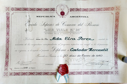 Diploma Lacrado Esc Sup Comercio De Rosario - 1940