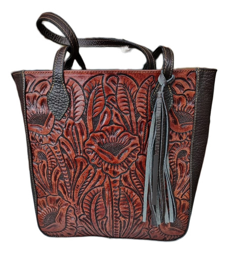 Bolso Piel Cincelado A Mano Artesanal Floreado Grande Tote 