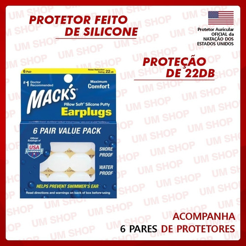 Protetor Auricular Silicone Macks Pillow Soft 6 Pares Kit 2