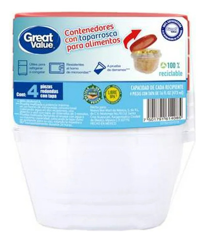 Contenedores Reutilizables Great Value Con Taparrosca 4 Pz