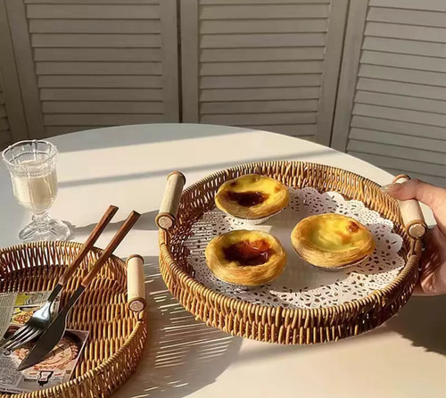 Bandeja Canasta Ratán Mimbre Redonda Cestas Pan Con Asa 3pzs