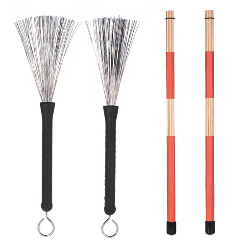 1 Par Drum Rods Sticks + 1 Par Brushes Bateria Drum Vara Def