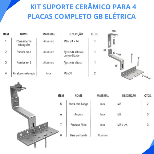 Kit Suporte Cerâmico Para 8 Placas Com Perfil / Trilho