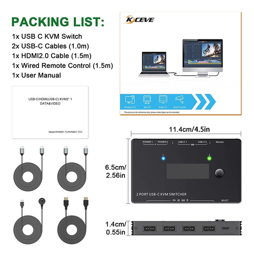 Conmutador Kvm Usb-c/hdmi(usb-c) 2 En 1 Salida 4k Usb Hdmi