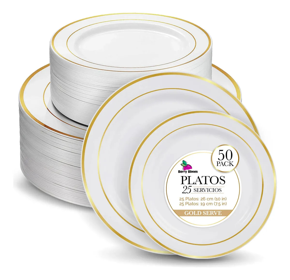 Berry Bloom 50 Platos Redondos Reutilizables Blancos Con Borde Dorado, 25 Platos de 19 cm (7.5") y 25 de 26 cm (10"), Plástico Resistente Libre De BPA, Para Bodas, Fiestas, Reunion