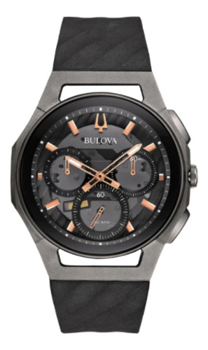 Relógio de pulso Bulova Curv 98A162 com corpo cinza,  analógico, para masculino, fundo  cinza e preto, com correia de borracha cor preto, agulhas cor ouro rosa, subdials de cor ouro rosa, subesferas cor cinza e preto, ponteiro de minutos/segundos branco, bisel cor cinza e preto e borboleta