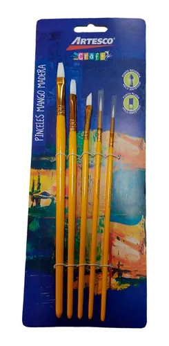 Set Pinceles Mango Madera Punta Redonda Sintetico X 5