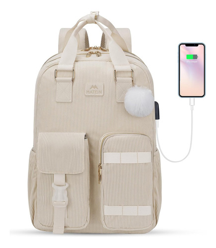 Mochila Corduroy Matein Urbana 30 L Portalaptop 15.6 Mujer Color Beige Diseño De La Tela Liso