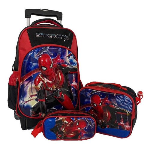 Morral Mochila Con Ruedas Spaiderman+lonchera+cartuchera X3