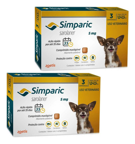 02 Antipulgas Cães Simparic 5mg 1,3-2,5kg 3 Comprimidos