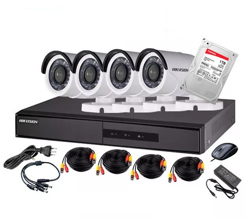 Imagen 1 de 8 de Cctv Kit Hdtvi Hikvision 4 Cam 720p Con Disco 1tb