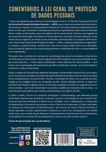 COMENTÁRIOS À LEI GERAL DE PROTEÇÃOD E DADOS PESSOAIS - 1ª ED - 2022, de Bonna, Alexandre Pereira. Editorial Editora Foco Jurídico Ltda, capa mole em português, 2022