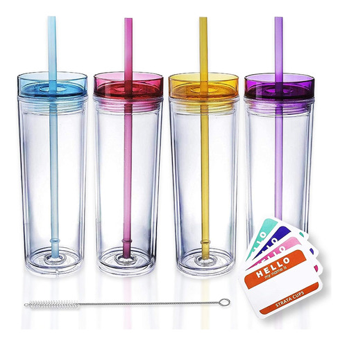 Tumblers Skinny 4 Vasos Acrílicos De Colores Tapa Y Pa...