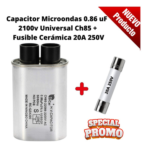 Capacitor Microondas 0.86 Uf 2100v Con Fusible 20a 250v