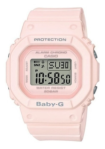 Reloj pulsera Casio Baby-G BGD-560 de cuerpo color rosa pastel mate, digital, fondo gris, con correa de resina color rosa pastel mate, dial negro, minutero/segundero negro, bisel color rosa pastel mate, luz azul verde