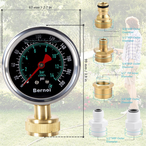 Kit Medidor Presión Agua Bernoi 5 Piezas 0-200 Psi