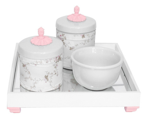 Kit Higiene Bandeja Porcelanas Algodão Passarinho Rosa Bebê Cor Provençal