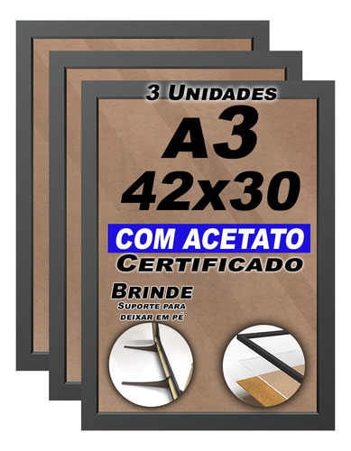 Kit 3 Moldura A3 Certificado Diploma Quadro Foto C/ Acetato