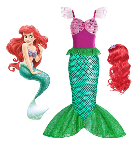 Vestido De Princesa Sirena Ariel Para Niña Con Peluca