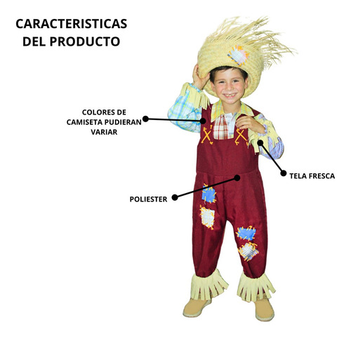 Disfraz De Espantapajaros Overol Con Camisa Y Maquillaje Clasico Multicolor Para Niño