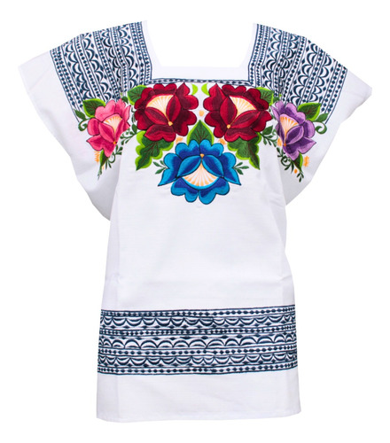 Blusa Yucateca Bordada Blanca Lino Modelo Viviany