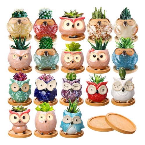 18 Mini Maceteros De Búho Para Suculentas Y Cactus Esmaltado
