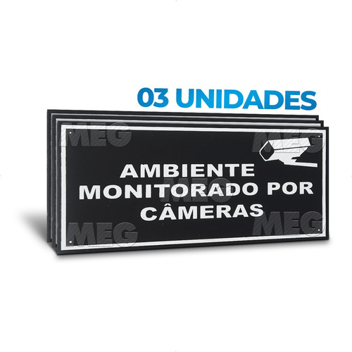 03 Placas Sinalização Ambiente Monitorado Cameras 20x10 Alum