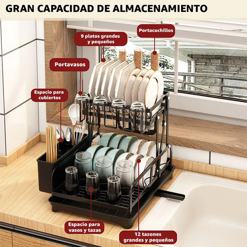 Escurridor De Platos Inoxidable Ajustable Plegable 2 Niveles Negro