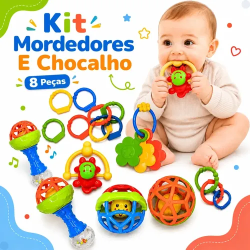 Kit Chocalho Bebe E Mordedores Para Recem Nascido 8 Peças Estímulo Sensorial Babuu Brinquedos Educativos