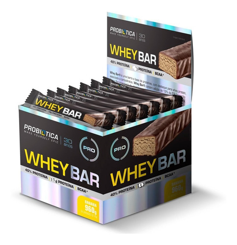 Suplemento em barra Probiótica  Whey Bar proteínas Whey Bar sabor  coco em display de 960g 24 un